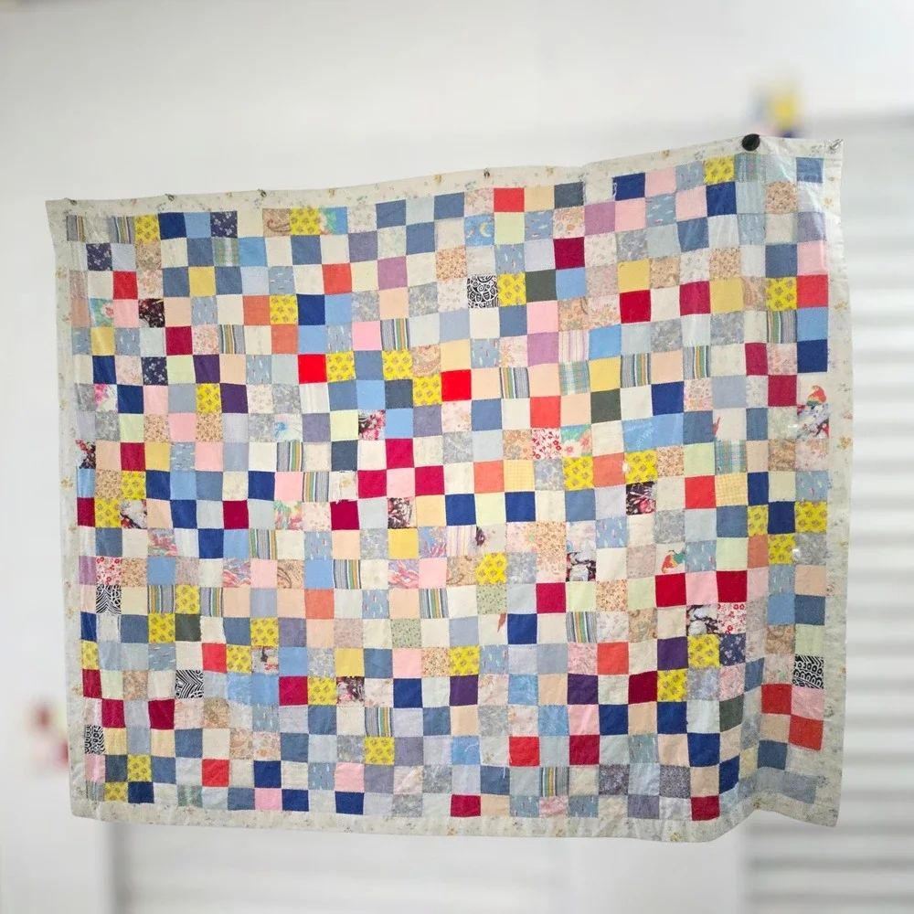 VTG Handmade Scrappy Patchwork Quilt Distressed 70x84 Scrap Fabric Floral Border